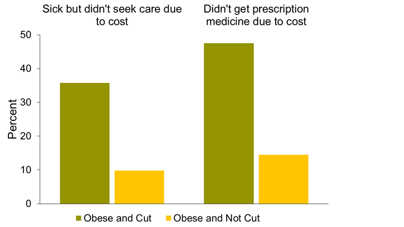 Figure 7, “Percent of obese respondents who report not utilizing services due to cost according to whether they cut meals or not”